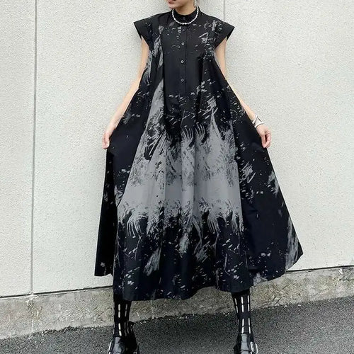 Load image into Gallery viewer, Women Black Pattern Printed Big Size Midi Shirt Dress New Stand Collar Sleeveless Fashion Tide Spring Summer 2025 1DH5837
