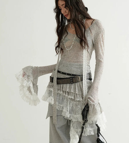 Women Perspective Irregular Mini Sweater Dress New Round Neck Long Flare Sleeve Fashion Tide Spring Autumn 2025 1DH9338