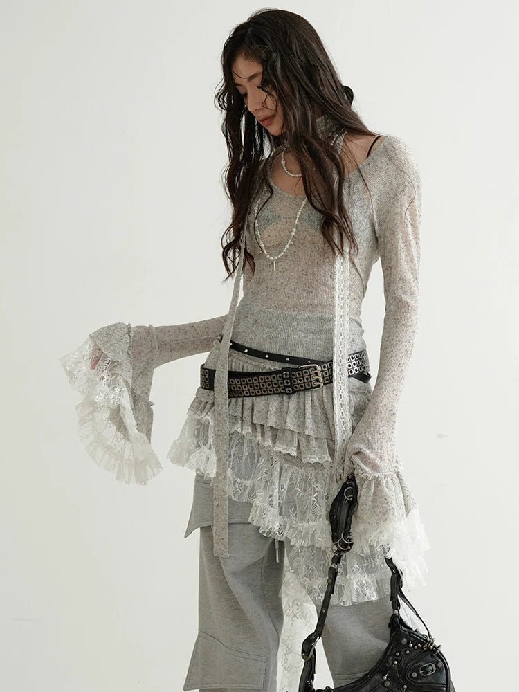 Women Perspective Irregular Mini Sweater Dress New Round Neck Long Flare Sleeve Fashion Tide Spring Autumn 2025 1DH9338