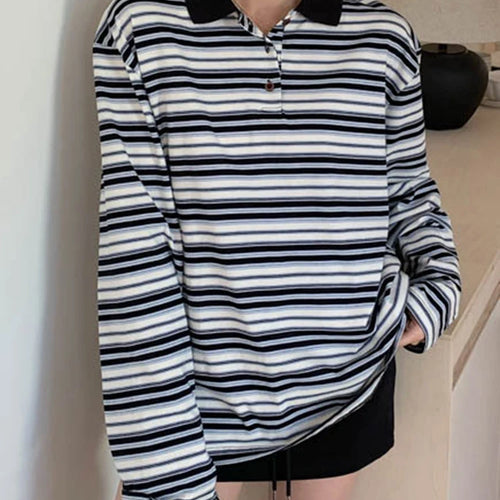 Load image into Gallery viewer, Women Green Striped Color-block Big Size Casual T-shirt New Lapel Long Sleeve Fashion Tide Spring Autumn 2025 1DJ0351
