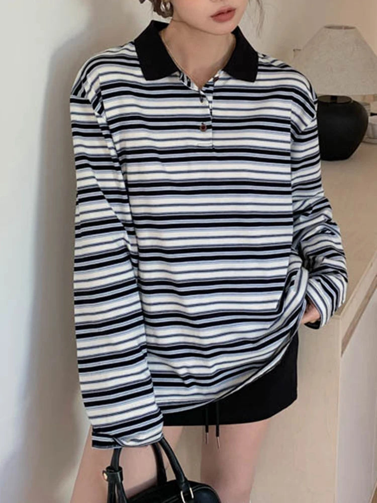Women Green Striped Color-block Big Size Casual T-shirt New Lapel Long Sleeve Fashion Tide Spring Autumn 2025 1DJ0351