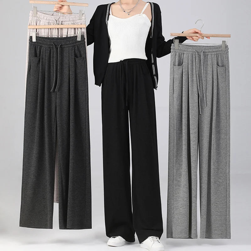 Winter Women Solid Velvet High Waist Drawstring Pant Korean Fashion Versatile Wide Leg Trousers Casual Thick New 2024 Trend Chic