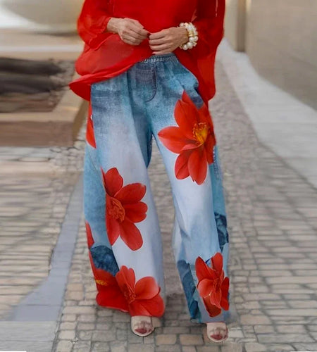 Spring Summer Women's Flower Printed Loose Trendy Casual Hight Waist Wide Leg Trousers Bottoms for Woman