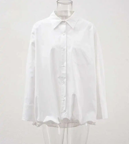 Women White Hem Elastic Big Size Elegant Blouse New Lapel Long Sleeve Shirt Fashion Tide Spring Autumn 2025 CPDB215