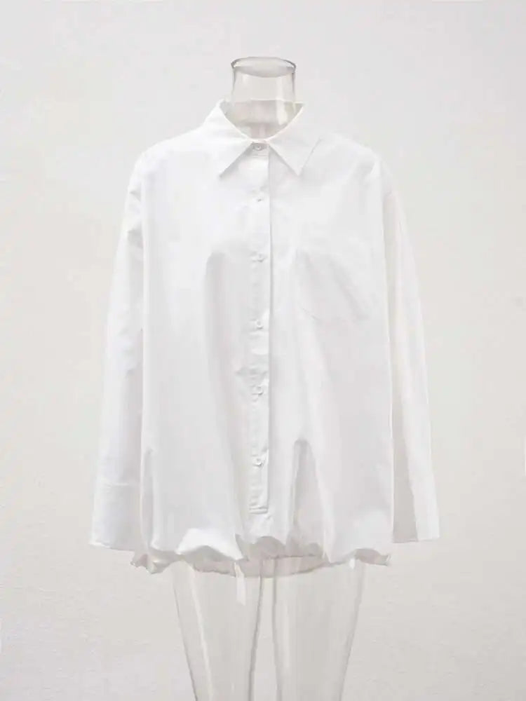 Women White Hem Elastic Big Size Elegant Blouse New Lapel Long Sleeve Shirt Fashion Tide Spring Autumn 2025 CPDB215