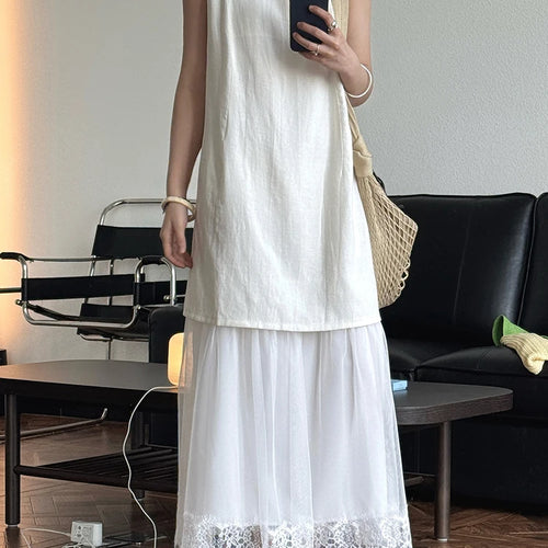 Load image into Gallery viewer, Women Beige Mesh Lace Spliced Elegant Long Vest Dress New Round Neck Sleeveless Fashion Tide Spring Summer 2025 1DJ1216
