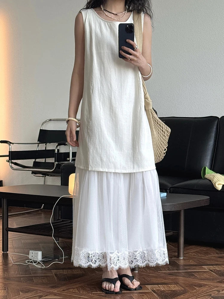 Women Beige Mesh Lace Spliced Elegant Long Vest Dress New Round Neck Sleeveless Fashion Tide Spring Summer 2025 1DJ1216