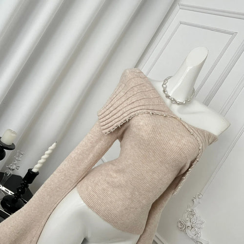 Load image into Gallery viewer, Korean Fashion Khaki Long Sleeve Versatile Sweater Women Autumn Winter Elegant Off Shoulder Pearl Knit Cotton Tops Popular Trend
