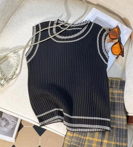 White Patchwork Sleeveless Knitted Short Vest Tops Black Sexy Basic 2024 Summer Casual Vintage Tank Top Women Clothing Vestidos