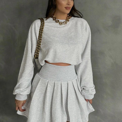 Load image into Gallery viewer, Fashion 2 Pcs Matching Sets Solid Long Sleeve Loose Sweatshirt Pleated Skirt Fall Women Y2K Clothes Streetwear Festival

