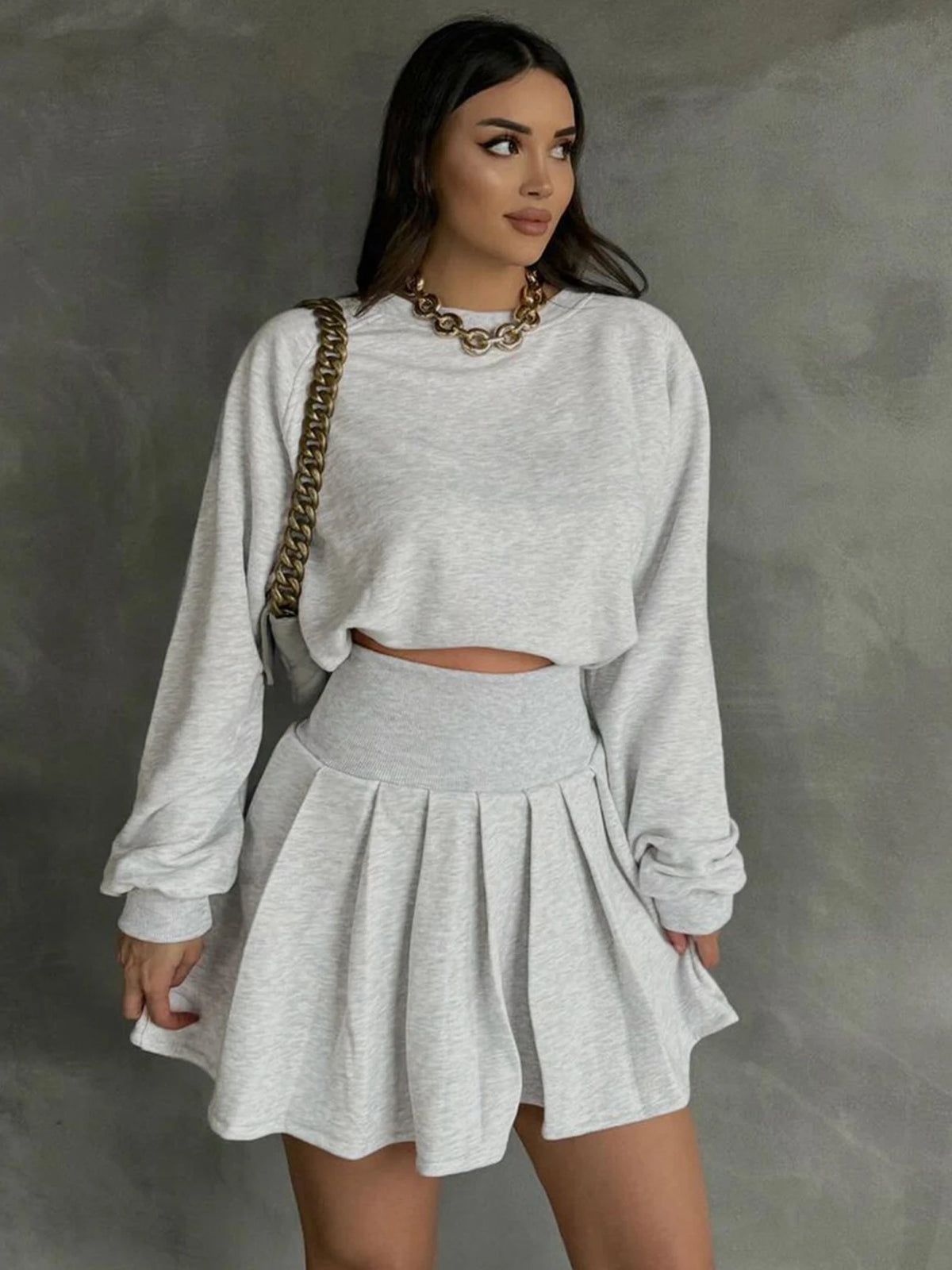 Fashion 2 Pcs Matching Sets Solid Long Sleeve Loose Sweatshirt Pleated Skirt Fall Women Y2K Clothes Streetwear Festival
