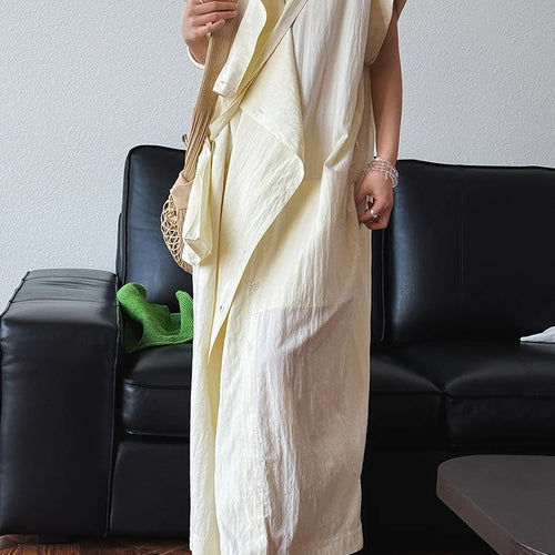 Load image into Gallery viewer, Women  Beige Ruffles Big Size Elelgant Long Dress New Stand Collar Short Sleeve Fashion Tide Spring Summer 2025 1DJ1406
