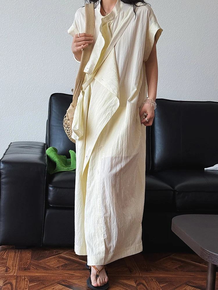 Women  Beige Ruffles Big Size Elelgant Long Dress New Stand Collar Short Sleeve Fashion Tide Spring Summer 2025 1DJ1406