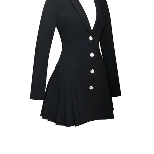 Load image into Gallery viewer, Autumn Black Blazer Mini Dress For Women Fashion V Neck Single-breasted Long Sleeve High Waist Pleated Sexy Dress
