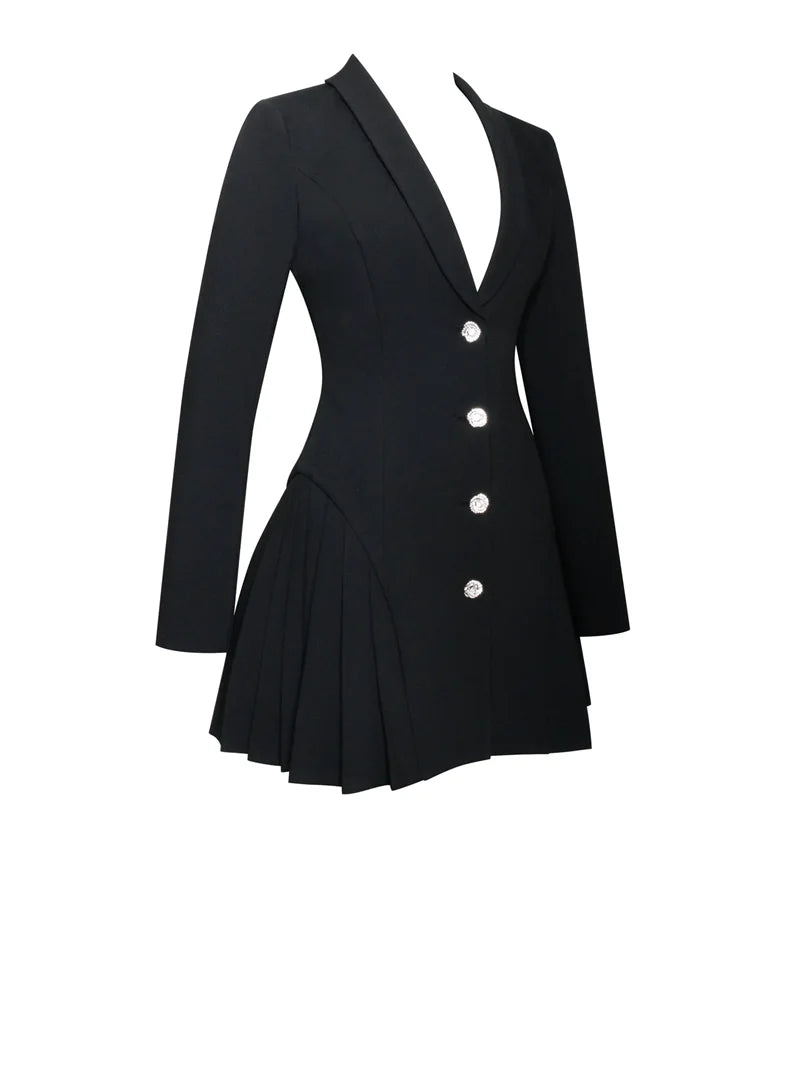 Autumn Black Blazer Mini Dress For Women Fashion V Neck Single-breasted Long Sleeve High Waist Pleated Sexy Dress