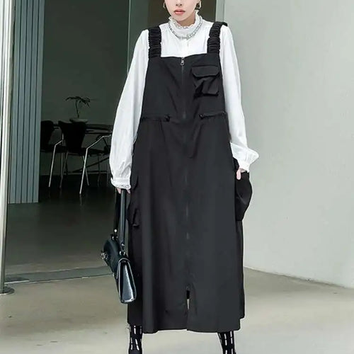 Load image into Gallery viewer, Women Black Pockets Drawstring Big Size Strap Dress New Square Collar Sleeveless Fashion Tide Spring Autumn 2025 1DH9934
