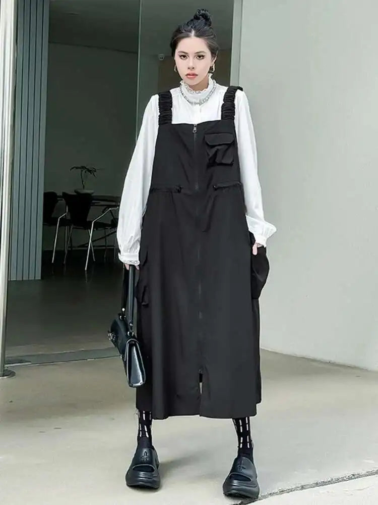 Women Black Pockets Drawstring Big Size Strap Dress New Square Collar Sleeveless Fashion Tide Spring Autumn 2025 1DH9934