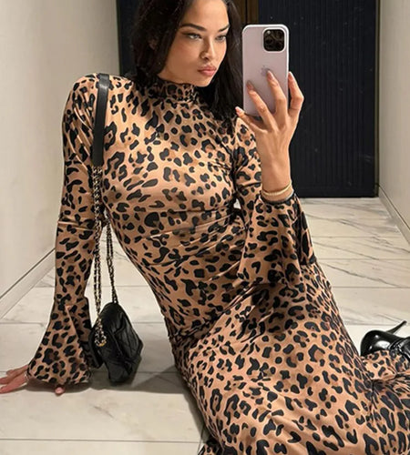 Leopard Print Long Sleeve Sexy Maxi Dress For Women Autumn Winter New Turtleneck High Waist Bodycon Club Print Dress