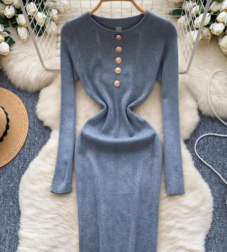 Retro 2024 Autumn Winter New Solid Long Sleeves Mini Dress Women's Elegant Office Lady Button Short Knit Dress Popular Clothing