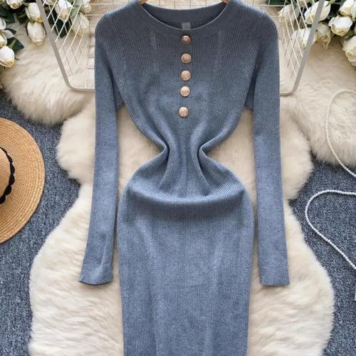 Load image into Gallery viewer, Retro 2024 Autumn Winter New Solid Long Sleeves Mini Dress Women's Elegant Office Lady Button Short Knit Dress Popular Clothing
