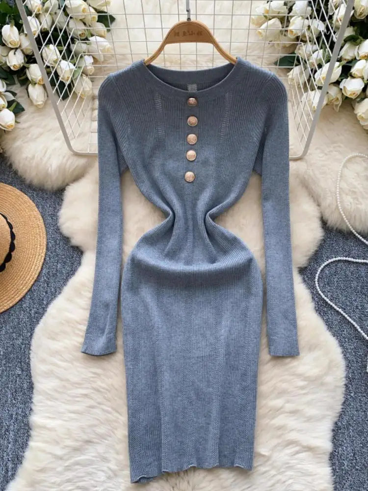 Retro 2024 Autumn Winter New Solid Long Sleeves Mini Dress Women's Elegant Office Lady Button Short Knit Dress Popular Clothing