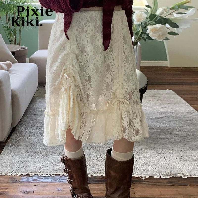 Sheer Mesh Lace Skirts Drawstring Ruched Ruffled Low Waist Midi Skirt Y2k Clothes for Teen Girls Fairy Grunge P77-DC30