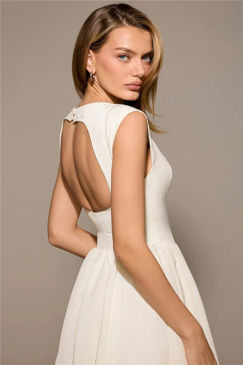 White Backless A-line Sexy Maxi Dress For Women Gown Solid Hollow Out Sleeveless High Waist Club Pleated Dress Elegant