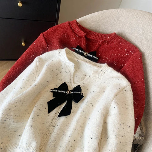 Load image into Gallery viewer, White Long Sleeve Knitted Women Bright Silk Bow Sweater Red V-neck Office Lady Button Casual Pullover Top Autumn Winter
