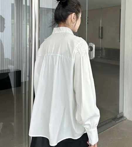 Women White Pleated Spliced Elegant Big Size Blouse New Lapel Long Sleeve Shirt Fashion Tide Spring Autumn 2025 1DH9133