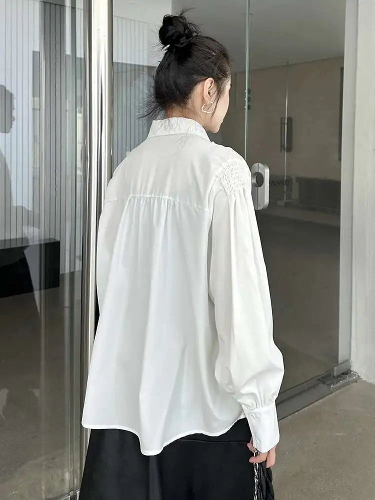 Women White Pleated Spliced Elegant Big Size Blouse New Lapel Long Sleeve Shirt Fashion Tide Spring Autumn 2025 1DH9133
