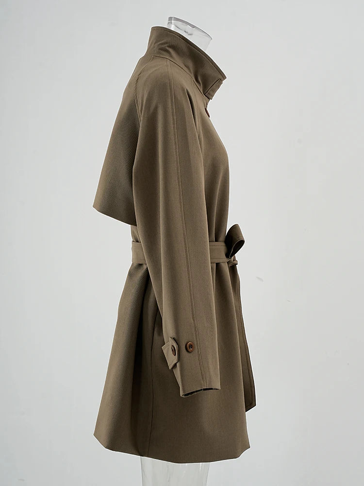 Women Khaki Belted Big Size Elegant Trench New Stand Collar Long Sleeve Windbreaker Fashion Spring Autumn 2025 CPG2261