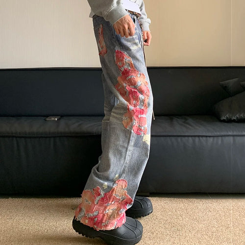 Load image into Gallery viewer, American Style High Street Denim Jeans Micro Horn Printing Splicing Contrast Color High Street Fashion Male Trousers
