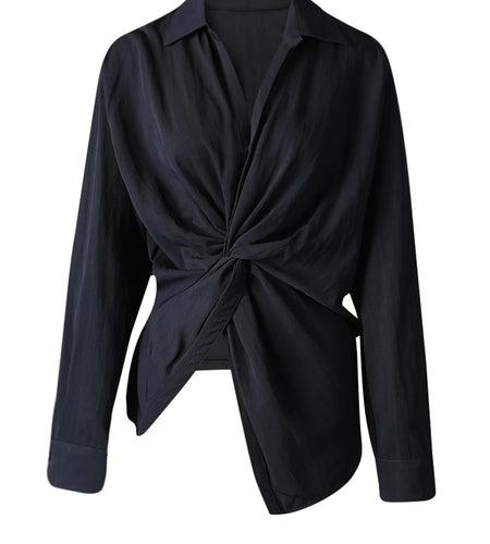 Women Balck Irregular Knot Big Size Elegant Blouse New Lapel Long Sleeve Shirt Fashion Tide Spring Autumn 2025 CPG3249