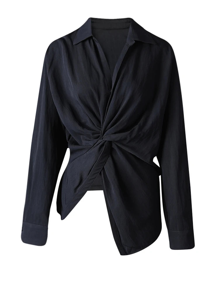 Women Balck Irregular Knot Big Size Elegant Blouse New Lapel Long Sleeve Shirt Fashion Tide Spring Autumn 2025 CPG3249