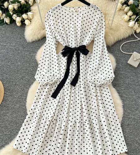 French Retro 2025 Spring New White Polka Dot Elegant Long Sleeves Bow Dress Women Round Neck Vacation Party Pleated Dress Trendy