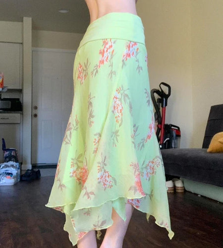 Holiday Style Floral Printing Asymmetric Hem Dresses Women Summer Colorful Fold Low Waist Mesh Sundress Bottoms New