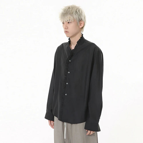 Load image into Gallery viewer, Niche Design Men's Shirts Pleated Lacework Design Solid Color Casual Tops Long Sleeve Single Breasted Loose Menswear 9W1254
