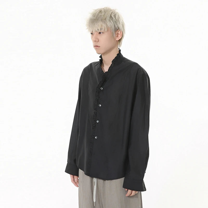 Niche Design Men's Shirts Pleated Lacework Design Solid Color Casual Tops Long Sleeve Single Breasted Loose Menswear 9W1254