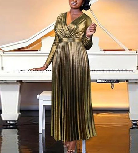 Elegant Women's Banquet Prom 2025 Fall Winter V-Neck Pleated Long Sleeves Dress Wedding Prom Cocktail Party Long Dress