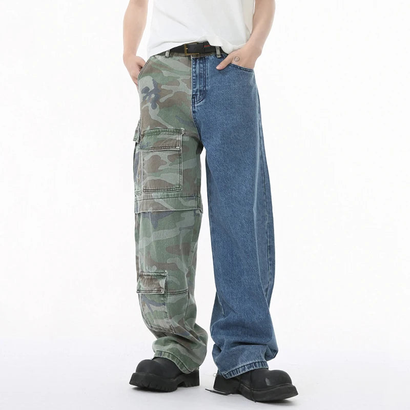Men Jeans Niche Personalized Camouflage Splicing Two Color Fashion Multi Pockets Loose High Street Denim Pants 9W1679