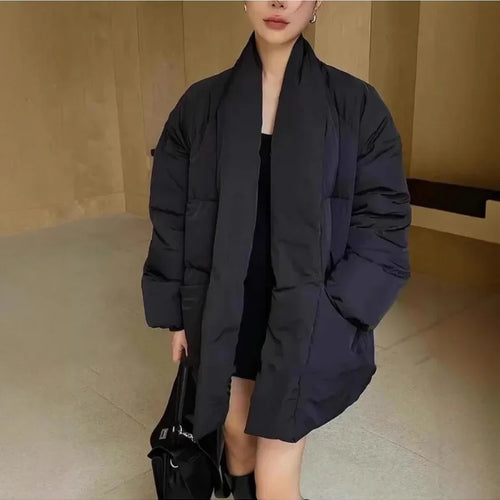 Load image into Gallery viewer, Solid Spliced Belt Loose Jackets for Women V Neck Long Sleeve Temperament Parkas Female Fashion Style
