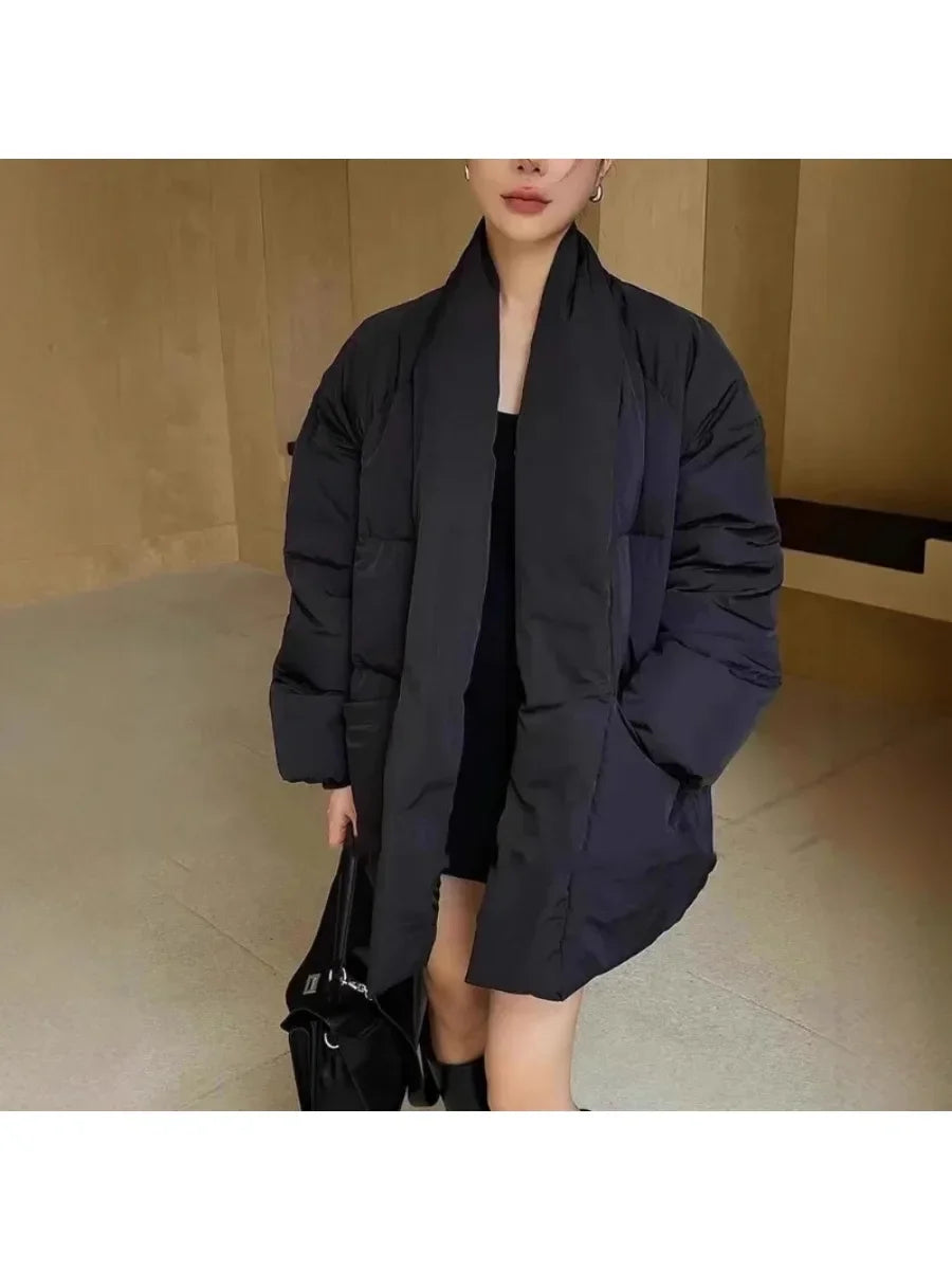 Solid Spliced Belt Loose Jackets for Women V Neck Long Sleeve Temperament Parkas Female Fashion Style