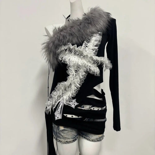 Load image into Gallery viewer, Y2k Aesthetic Fur Patchwork Skew Collar Sexy T-shirts Harajuku Lace Cross Slim Tops Women Streetwear Grunge Hollow Out Tees
