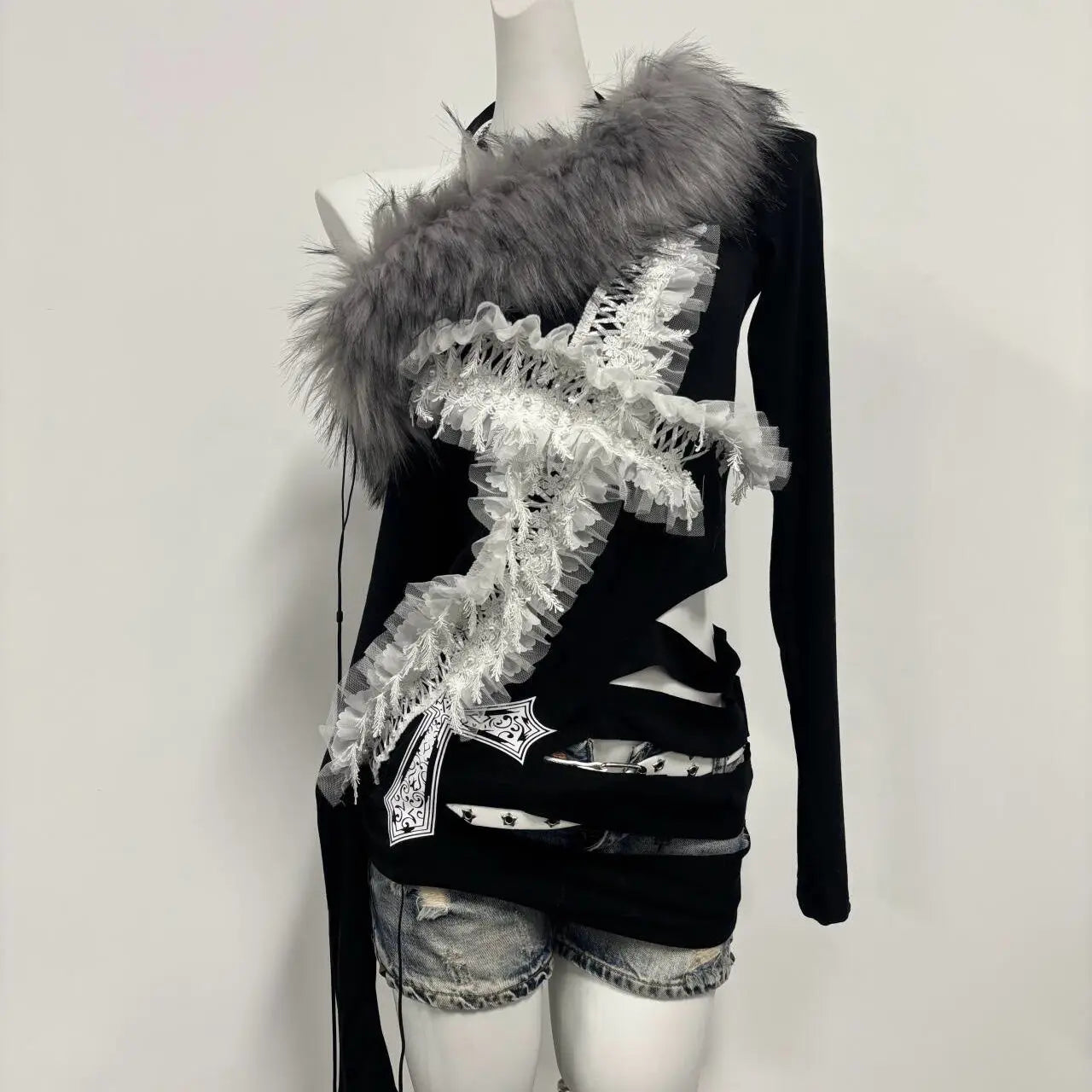 Y2k Aesthetic Fur Patchwork Skew Collar Sexy T-shirts Harajuku Lace Cross Slim Tops Women Streetwear Grunge Hollow Out Tees