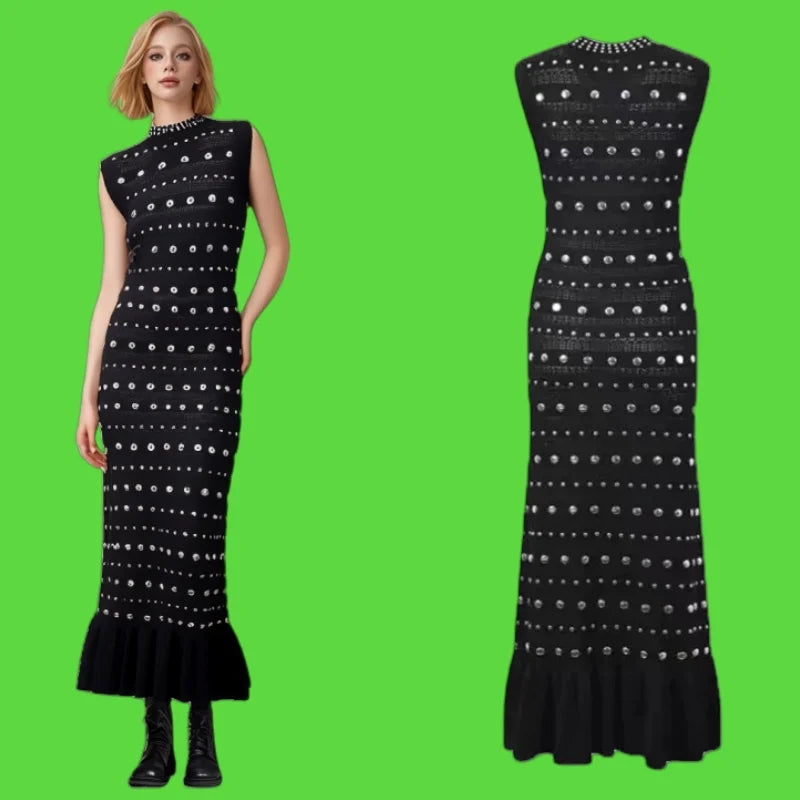 Black Diamond Sleeveless Ruffle Edge Knitted Dress Women's Summer Red Elegant Round Neck Office Slim Wrap Hip Long Dress Popular