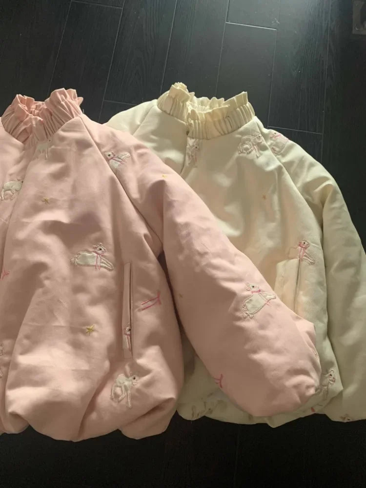 Embroidered Embroidered Sheep Parkas Winter Clothing for Women Thicked Warm Jackets Y2k Tops Fashion Stand Neck Loose Cute Coats