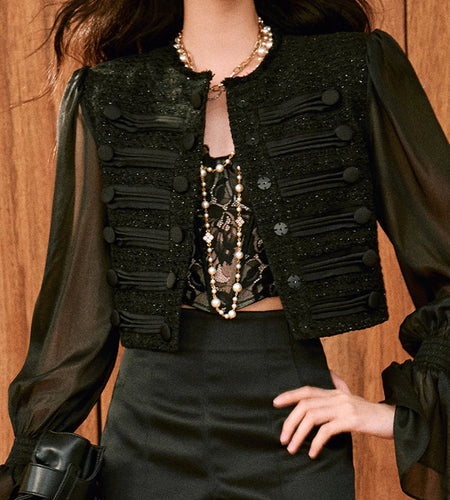 Vintage Sheer Spliced Bright Silk Fashion Jackets for Women Round Neck Long Sleeves Patchwork Buttons Jacket Female