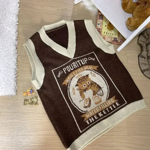 Load image into Gallery viewer, Sweater Vest Women Kawaii Cat Waistcoat Streetwear Knitting Chic Fashion College All-match Harajuku Y2k Vests Chandails
