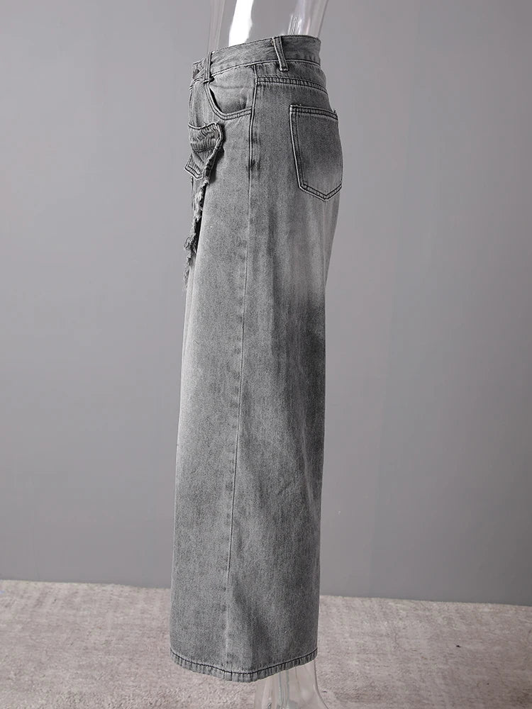High Waist Light Gray Irregular Burr Denim Wide Leg Jeans New Women Trousers Fashion Tide Spring Autumn 2025 CPG3158