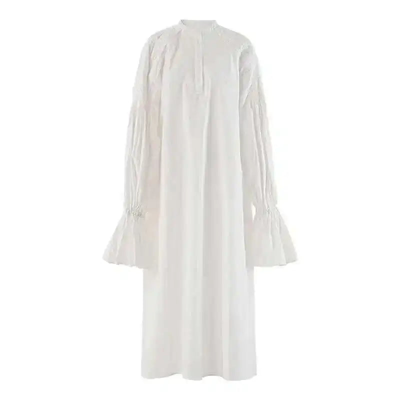 Women White Big Size Elegant Shirt Dress New Stand Collar Long Flare Sleeve Fashion Tide Spring Autumn 2025 CPDB216